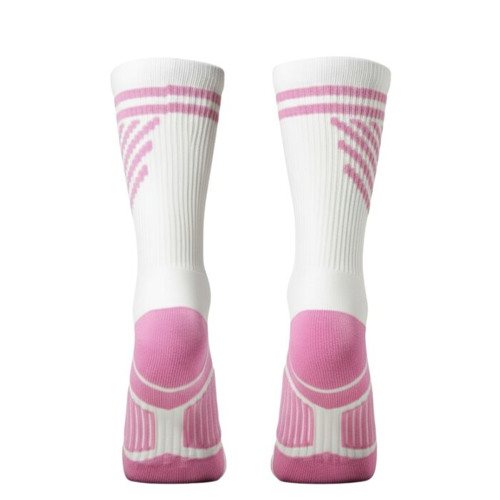Back view of white tennis socks with pink accents; pink heel and sole, top stripes, textured patterns