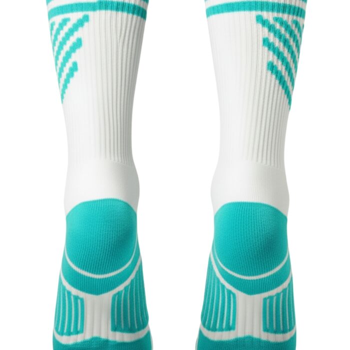 Pair of white athletic socks with turquoise accents; turquoise cuffs with stripes and zigzag pattern, turquoise heel and toe, white body