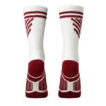 Pair of white socks with red stripes and accents; red top stripes, angled red bands along the leg, and red heel and toe sections