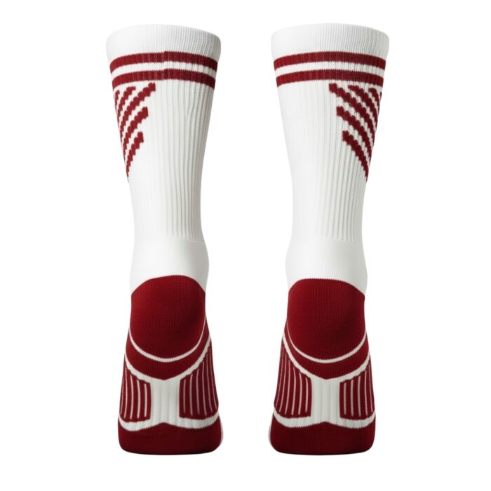Pair of white socks with red stripes and accents; red top stripes, angled red bands along the leg, and red heel and toe sections