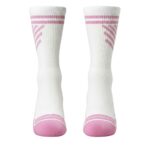 Pair of white crew-length tennis socks with pink accents; mid-calf height, pink toes/heels, and chevron-like pink stripes at the top