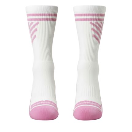 Pair of white crew-length tennis socks with pink accents; mid-calf height, pink toes/heels, and chevron-like pink stripes at the top