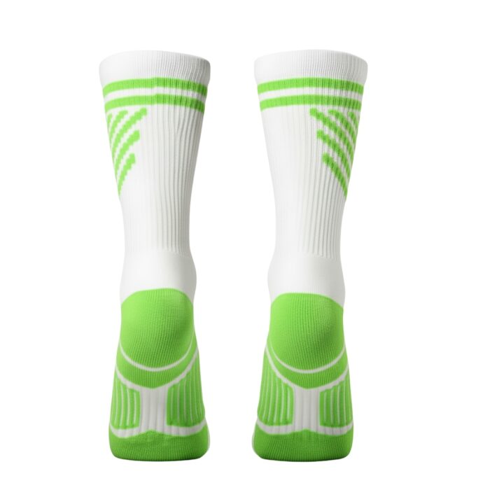 Pair of white athletic socks with lime green accents; lime green stripes at the top and lime green heel and sole