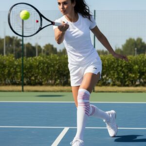 Female tennis player in white outfit and knee-high striped socks mid-swing on a blue court