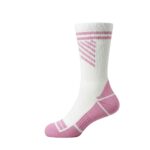 Single white tennis sock with pink heel and toe, pink pattern at the top; side view