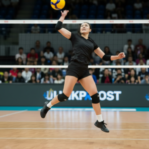 Brand-new volleyball apparel laid out for display, including jerseys, shorts, and knee pads with a sporty color palette.