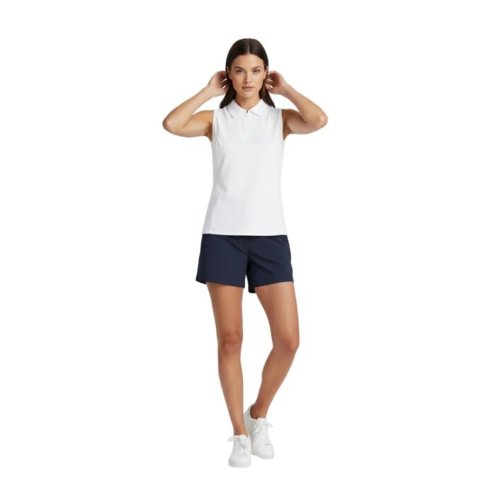Women’s badminton lightweight vest shirt in white with a polo-style collar, shown on a model.