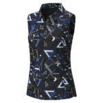 Men’s sleeveless button-up shirt with a black base and scattered blue/white geometric symbols and arrows.