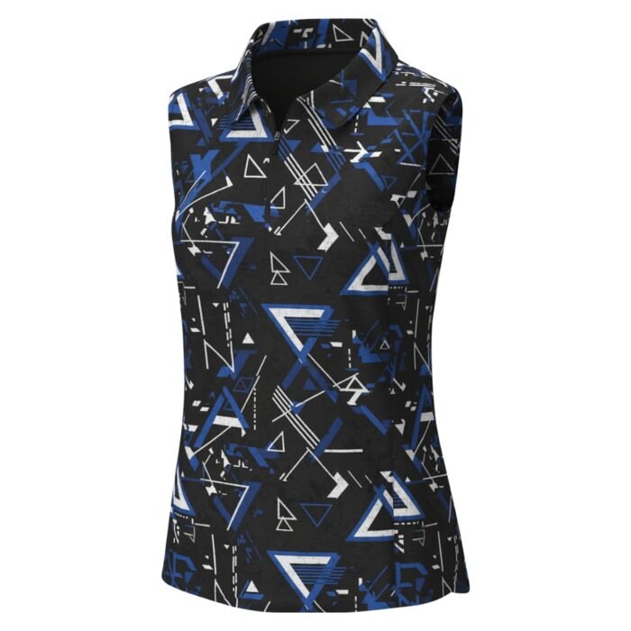 Men’s sleeveless button-up shirt with a black base and scattered blue/white geometric symbols and arrows.