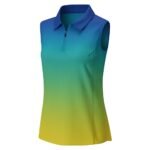 Sleeveless collared zip-up shirt in a blue-to-green gradient with a smooth, ribbed texture.
