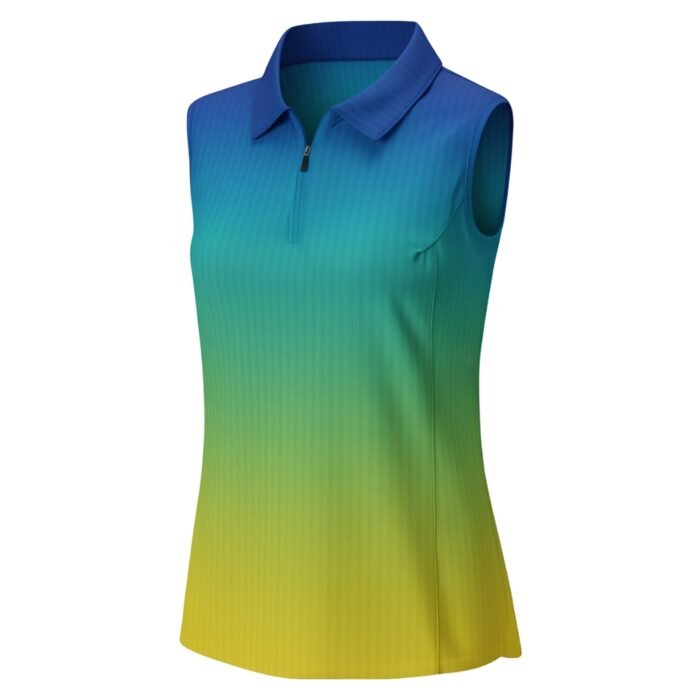 Sleeveless collared zip-up shirt in a blue-to-green gradient with a smooth, ribbed texture.