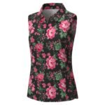 Black sleeveless collared top with a pink floral print and button-front placket.