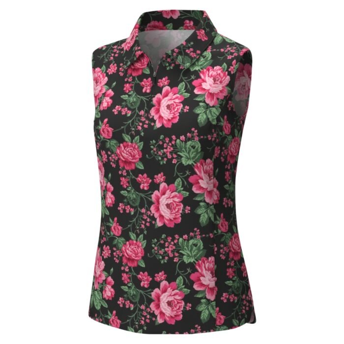 Black sleeveless collared top with a pink floral print and button-front placket.