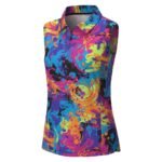 Multicolor sleeveless polo top with a collared neckline and button-front placket, featuring a bold splatter/floral abstract print.