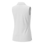 Women’s white badminton lightweight vest shirt with polo-style collar, shown on a model (sleeveless athletic top).
