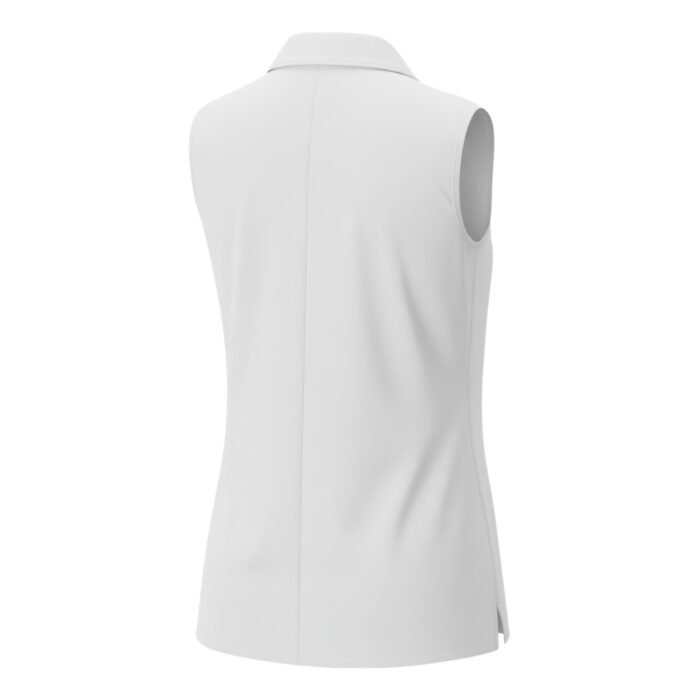 Women’s white badminton lightweight vest shirt with polo-style collar, shown on a model (sleeveless athletic top).