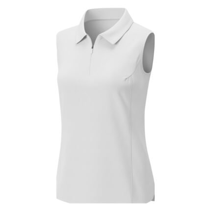 Women’s badminton lightweight vest shirt in white, shown on a model with a polo-style collar