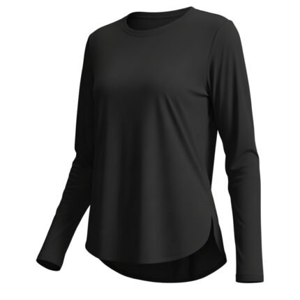 Women’s black long-sleeve badminton shirt with a curved hem and crew neckline.