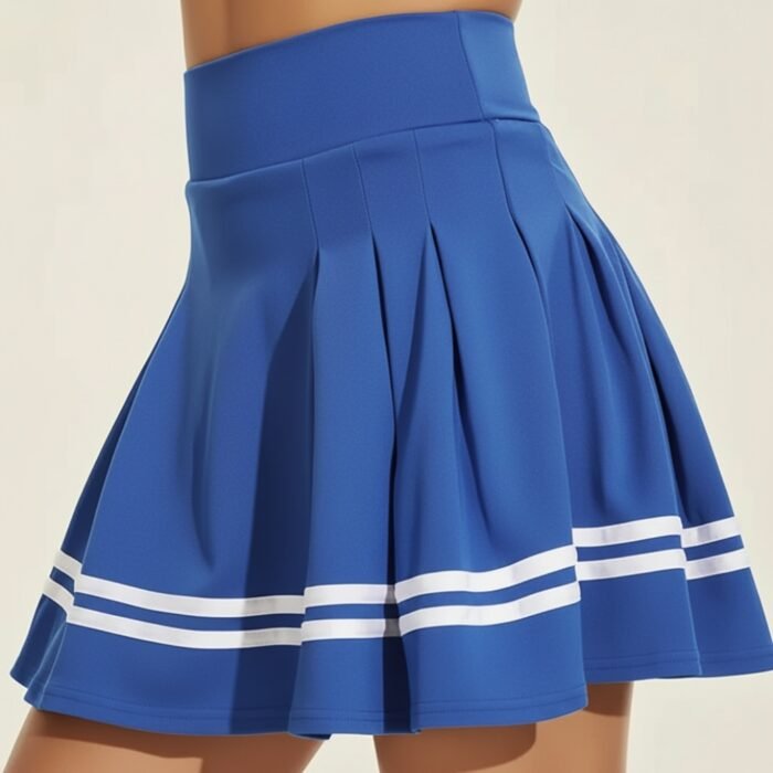 Blue women’s badminton skort with pleated skirt design and white stripe trim.