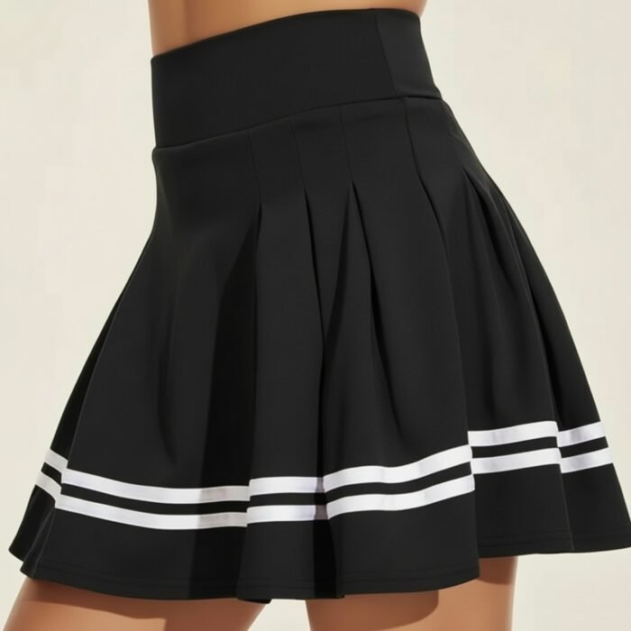 Black women’s badminton skort with pleated skirt and contrasting white stripe trim.