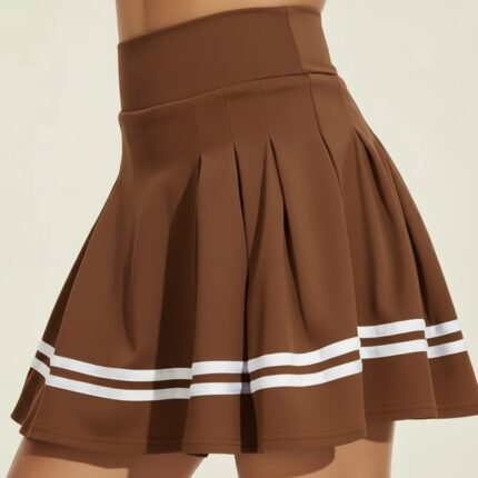 Brown women’s badminton skort with a fitted waistband, pleated flare skirt, and contrasting white stripe trim.