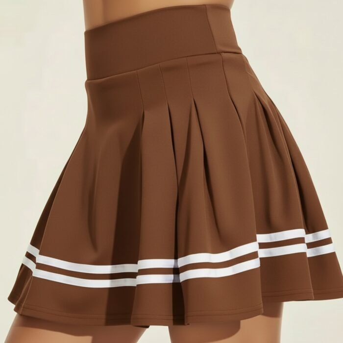 Brown women’s badminton skort with a fitted waistband, pleated flare skirt, and contrasting white stripe trim.
