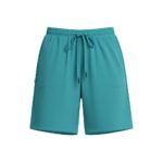 Turquoise women’s golf shorts with an elastic drawstring waistband, two front pockets, and a small zip pocket on the left.