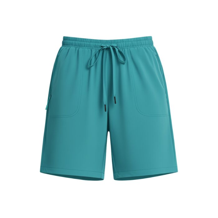 Turquoise women’s golf shorts with an elastic drawstring waistband, two front pockets, and a small zip pocket on the left.