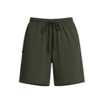 Olive-green women's golf shorts with elastic waistband, drawstring, two front pockets, and a small left-side zip pocket on a white background.