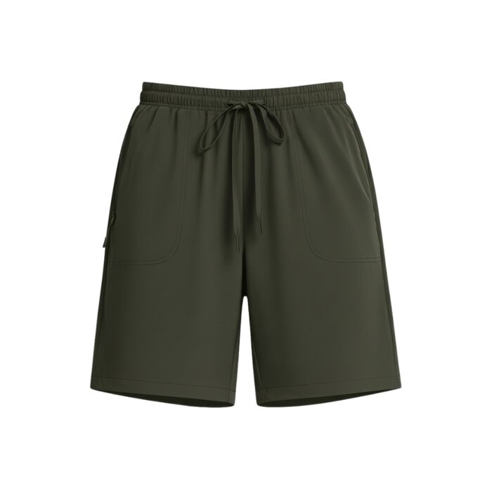 Olive-green women's golf shorts with elastic waistband, drawstring, two front pockets, and a small left-side zip pocket on a white background.