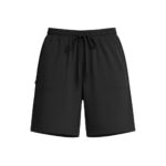 Black women's golf shorts with an elastic waistband and drawstring, front view showing two front pockets and a left-side zipper.