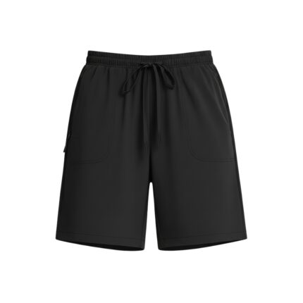 Black women's golf shorts with an elastic waistband and drawstring, front view showing two front pockets and a left-side zipper.