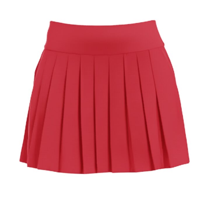 Front view of a vibrant red pleated golf skort with a smooth waistband.