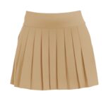 Front view of a beige pleated golf skort with a wide waistband.