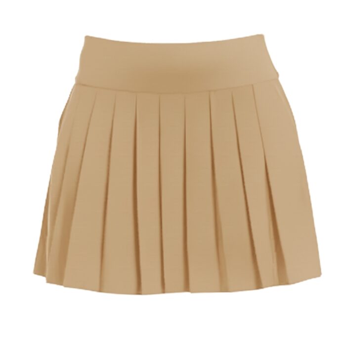 Front view of a beige pleated golf skort with a wide waistband.