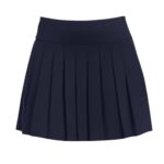 Front view of a dark navy blue pleated golf skort with a wide waistband.