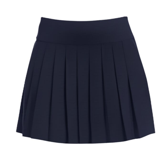 Front view of a dark navy blue pleated golf skort with a wide waistband.
