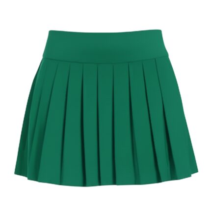 Front view of a vibrant emerald green women's pleated golf skort with a wide waistband.