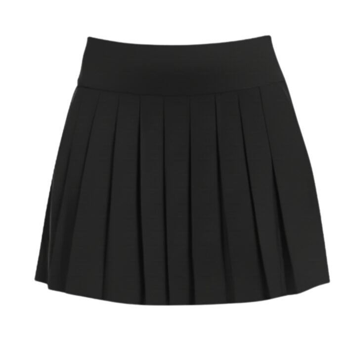 Front view of a black pleated golf skort with a wide waistband.