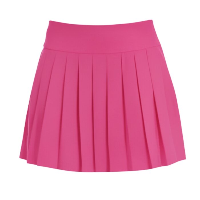 Front view of a vibrant pink pleated golf skort with an elastic waistband.
