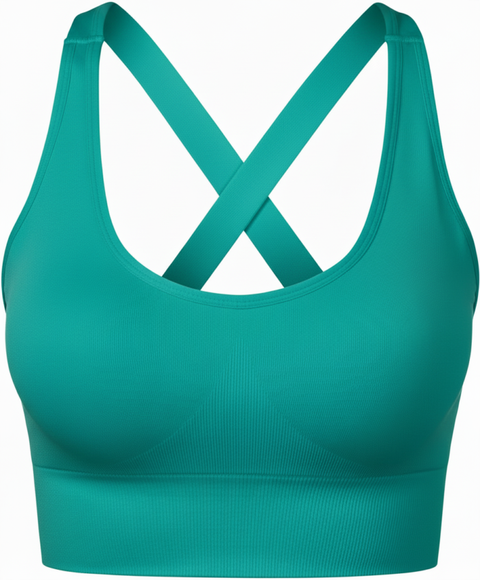 Teal women's sports bra with a scoop neckline and criss-cross back straps, ribbed fabric, shown against a white background.