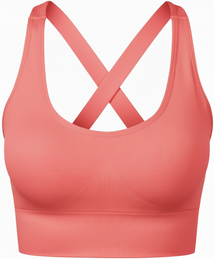 Coral-colored sports bra with ribbed texture, featuring a racerback design with two crossed straps, shown against a white background.