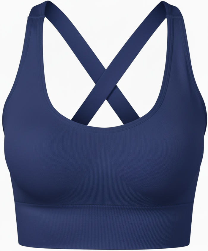 Navy blue ribbed sports bra with a cross-back design, shown on a white background.