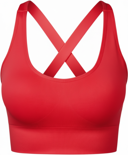 Red women's golf sports bra with a seam-free front, ribbed texture, and wide straps that cross in the back, shown against a white background.