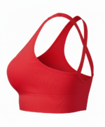 Side view of a red racerback sports bra with cross-back straps and ribbed texture, shown against a white background.