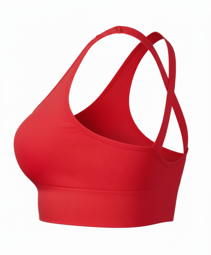 Side view of a red racerback sports bra with cross-back straps and ribbed texture, shown against a white background.