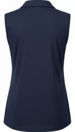 Back view of a navy blue sleeveless golf shirt with a defined collar and tapered fit.