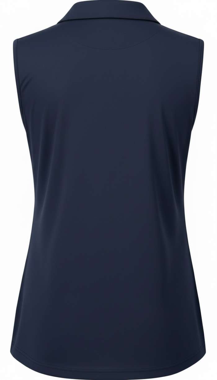 Back view of a navy blue sleeveless golf shirt with a defined collar and tapered fit.