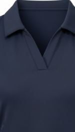 Close-up of a navy blue sleeveless golf shirt neckline, featuring a V-neck and textured fabric.