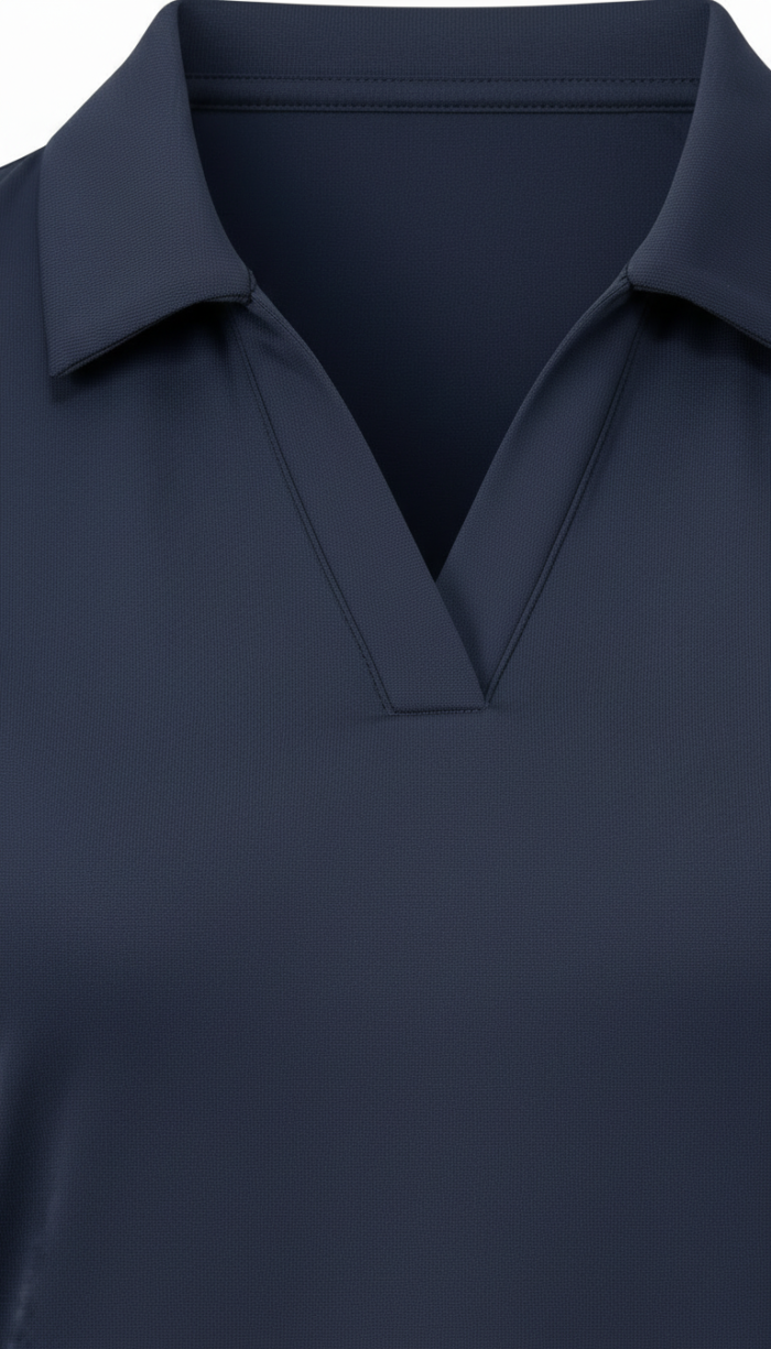 Close-up of a navy blue sleeveless golf shirt neckline, featuring a V-neck and textured fabric.